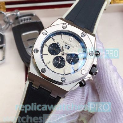 Copy Audemars Piguet Royal Oak Offshore Silver Bezel Black & White Rubber Strap Watch 